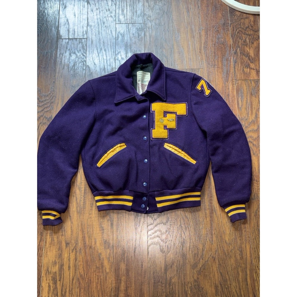 Vintage 1978 DeLONG Purple Wool Varsity Jacket Farwell Letterman Size 36 Small